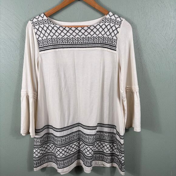 J. Jill Women's Small Ivory Black Embroidered Boho Bell Sleeve Tunic Top Shirt - Picture 9 of 11